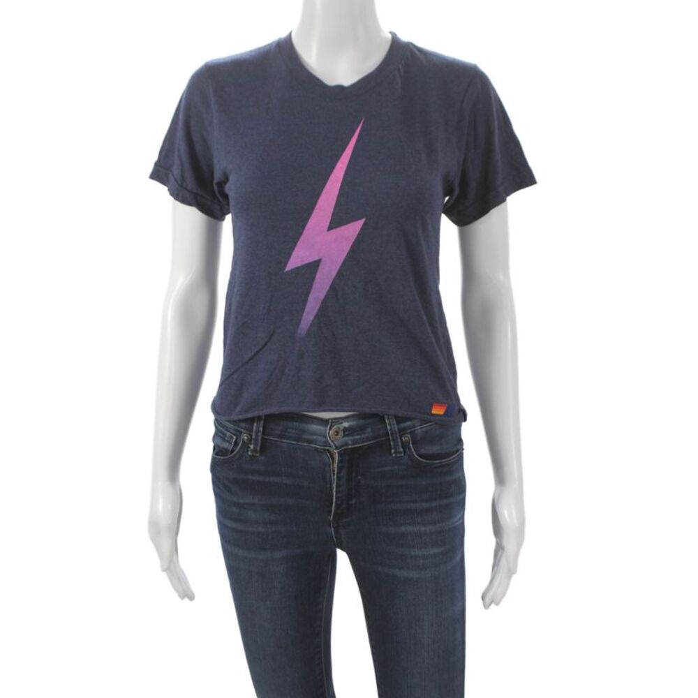 Aviator Nation Women Dark Blue Graphic Retro Basic Crew Neck T-Shirt Size XS